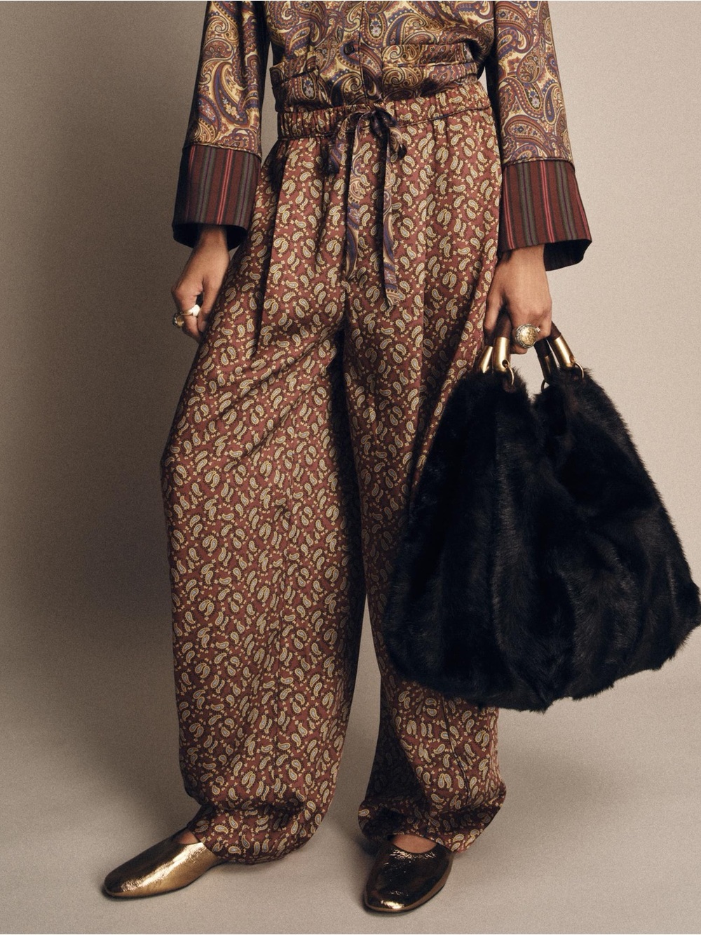 ZARA Burgundy Paisley Wide-Leg Trousers – Boho Chic – XS - Picture 1 of 10
